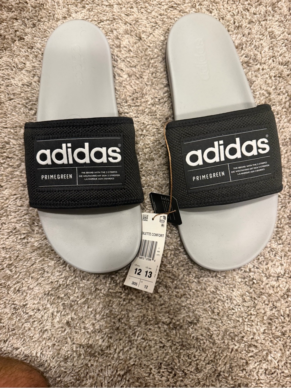 adidas mens Black Strap Gray Footbed Primegreen Slide Sandals